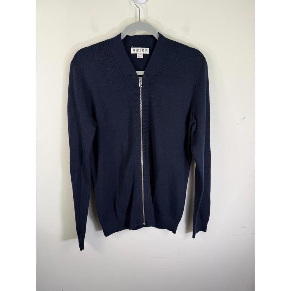 Reiss‎ Zip Cardigan Bomber Small Navy Blue Wool Blend Knitted Jacket Mens